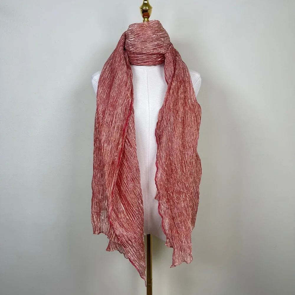 Vintage Crinkle Metallic Shimmer Scarf Wrap Women Red Pink Sheer Elegant Shawl
